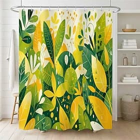 Rideau de douche imprimé de feuilles de plantes, décoration de salle de bain en tissu de style artistique avec 12 crochets en plastique, accessoires de maison