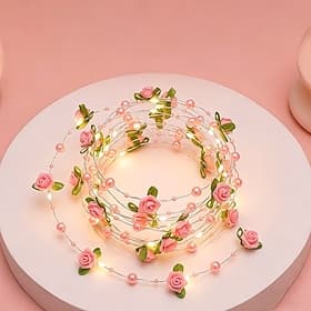 Guirlande lumineuse féérique rose perle 2 m 20 ml, fonctionne sur piles, couronne florale pour décoration intérieure (chambre, gâteau, etc.), idéale pour maria
