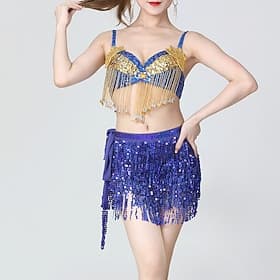 bleu royal scintillant pour femmes Ensemble de costume de danse du ventre doré - soutien-gorge à paillettes et jupe à franges - tenue de scène latine samba rav