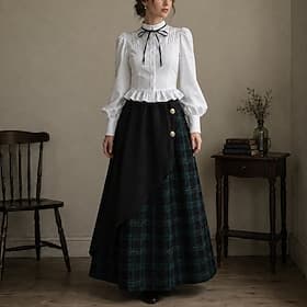 Victorienne Médiéval Renaissance Jupe Chemise Manches longues Princesse Dame Plaid Déguisement Femmes Halloween Foire de la Renaissance LARP Adulte Chemise Jup