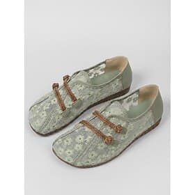 Ballerines fleuries vertes confortables à bout large pour femme – chaussures de marche légères et faciles à enfiler, avec tige jacquard respirante, semelle ant