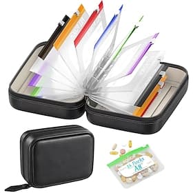 Pilulier de voyage hebdomadaire, étui à médicaments portable avec 14 pochettes zippées réutilisables et de couleurs différentes, sac compact en cuir pour vitam
