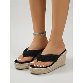 Women's Platform Espadrille Wedge Sandals - Black Thong Flip Flop High Heel Slippers for Cruise Vacation, Deck Party Resort Wear