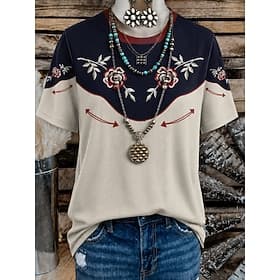 Women's Western Boho T Shirt Print Floral Graphic Geometric Vintage Stylish Casual Short Sleeve Crew Neck V Neck Round Neck Long Tops Casual Daily Weekend Blue