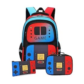 Ensemble sac à dos gaming pour enfants, cartable trois pièces avec boîte à lunch et trousse, sac à dos en polyester grande capacité à plusieurs compartiments,