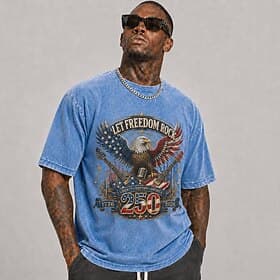 T-shirt homme aigle 250e anniversaire, 100 % coton, délavé à l'acide, manches courtes, impression directe sur textile, col rond, mode quotidienne, vêtements pr