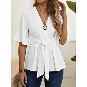 Femmes Chemise Nœud devant A Volants Uni Élégant Quotidien Demi Manches Manches bouffantes Col en V Hauts Longs Occasionnel Extérieur Bleu Noir Blanche Orange