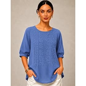 Femmes Chemise Broderie Fleuri Élégant Bohème Vacances Col ras du cou Hauts Longs Occasionnel Quotidien Fête Bleu Jaune Violet Claire Été Printemps