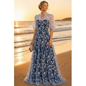 Ligne A Robe Longueur au sol Robe Maxi Robe de Cocktail Robe de Mère de Mariée Manche Courte Demi Manches Col en V Élégant ancien Luxueux Formel robe demoisel