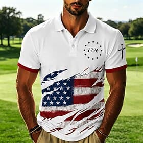 Men's American US Flag Polo Shirts Short Sleeve Polo Shirts Collared Shirts Casual Athleisure Festival Wear 3D Print Buttons Breathable Mesh Spring Summer Blu