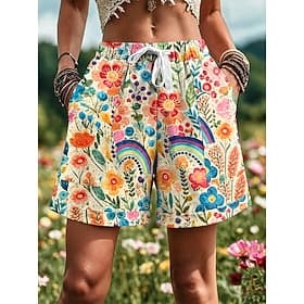 Women's Chinos Shorts Vacation Casual Short Mid Waist Floral Graphic Elastic Waist Print Striped Comfort Breathable Inelastic Vacation Street Causal White Oran