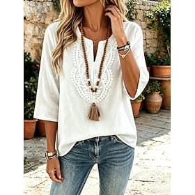 Women's Shirt Boho Shirt Lace Shirt Elegant Bohemia Vacation 3/4 Length Sleeve Long Tops Casual Daily Holiday Blue White Khaki Pink Red Summer Spring