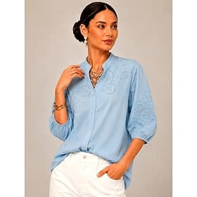 Femmes Chemise Haut à œillets Chemise Bohème Chemise en Dentelle Broderie Élégant Bohème Vacances manche longue Col en V Hauts Longs Occasionnel Bleu de minuit