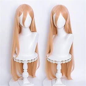 Perruque longue blonde pêche avec frange, style anime, pour cosplay – coiffure de guerrière surnaturelle