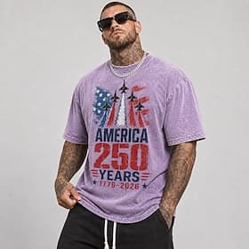 4 juillet 2026, 250e anniversaire Homme Drapeau Américain Chemise délavée à l'acide T-shirt épais Manche Courte T-shirt DTG Col ras du cou Chemise Patriotique