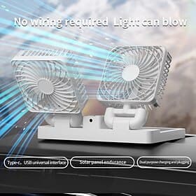 Ventilateur de voiture solaire, double tête rotative à 360°, avec port USB Type-C, inclinaison réglable à 180°, sans fil, pour voiture, camion, SUV, maison, bu