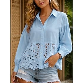 Femmes Chemisier Dentelle Boutons Uni Élégant Occasionnel manche longue Col Rabattu Hauts Réguliers Occasionnel Quotidien Bleu Rose Claire Été Printemps
