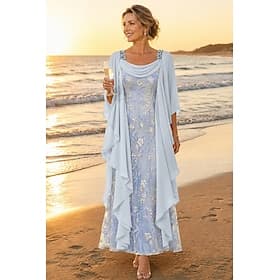 A-Line Ankle Length Lace Dress Mother of the Bride Dress Long Sleeve Scoop Neck Elegant Vintage Formal Wedding Guest Wedding Party Chiffon Lace with Ruffles Em