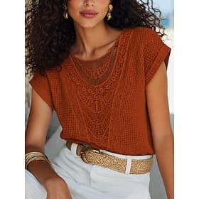 Women's Eyelet Top Lace Splicing Top Patchwork Elegant Bohemia Vintage Short Sleeve Crew Neck Regular Tops Casual Daily Going out Orange Summer Spring