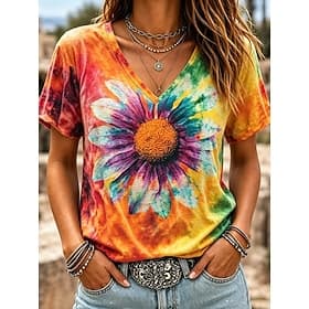 Women's T Shirt Print Floral Graphic Stylish Classic Casual Short Sleeve V Neck Regular Tops Casual Daily Blue Purple Orange Summer Spring
