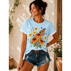 Femmes T-shirt Imprimé Fleuri Graphique Papillon ancien Élégant Classique Manche Courte Col ras du cou Hauts Réguliers Occasionnel Quotidien Week-end Bleu Blan