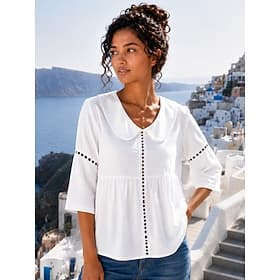 Women's Blouse Buttons Solid Color Stylish 3/4 Length Sleeve Peter Pan Collar Regular Tops Casual Beach White Summer Spring