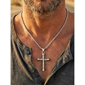 Collier pendentif croix pour homme, acier titane argenté, design motard torsadé unique, bijou robuste en acier inoxydable pour homme, croix industrielle, cadea