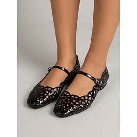 Women's Cutout Faux Leather Mary Jane Flats - Black Hollow Out Square Toe Ballerina Shoes for Summer Beach Vacation, Travel Resort