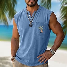 Men's 100% Cotton Acid Wash Shirt Sleeveless Shirt Sleeveless Henley Summer Solid Color Ocean Coconut Casual Garment Dyed Faded Vintage Washed Casual Daily Str