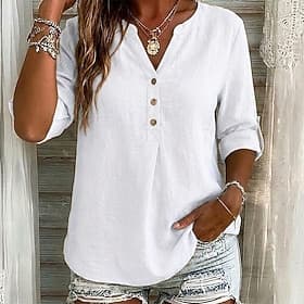 Women's Cotton Linen Shirts Blouse Buttons Solid Color Vacation Daily Classic Long Sleeve V Neck Henry Collar Long Tops Casual Daily Holiday White Red Navy Blu