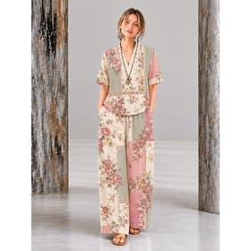 Femmes Chemise Ensembles en coton et lin Ensembles de Pantalons Manche Courte Col en V Fleuri Graphique Géométrique Imprimé Vacances Mode Streetwear Occasionne