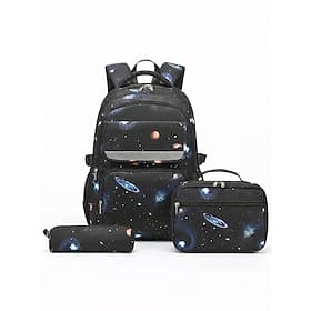 Galaxy Space Backpack Set for Boys Girls, Waterproof Polyester School Bag 3PCS Set with Lunch Box Pencil Case, Large Capacity Multi-Pocket Student Backpack, R