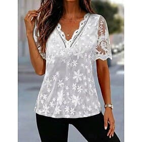Women's Blouse Lace Tops Lace Patchwork Embroidered Floral Stylish Modern Short Sleeve V Neck Regular Tops Casual Holiday Summer White Summer Spring
