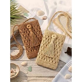 Women's Woven Crochet Crossbody Phone Bag, Ivory Khaki Straw Mini Shoulder Purse with Tassel, Lightweight Summer Beach Vacation Travel Bag for Resort, Shoppin