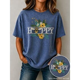 Femmes 100% Coton T-shirt Hauts effet délavé vintage Imprimé Fleuri Graphique Les abeilles ancien Mode Élégant Manche Courte Col ras du cou Hauts Réguliers Occ
