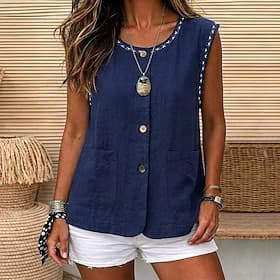 Femmes Gilet en coton et lin Chemise d'été Broderie ancien Sans manches Col ras du cou Hauts Longs Occasionnel Blanche Jaune bleu marine Été Printemps