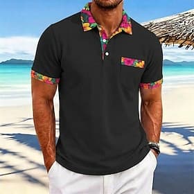 Homme Polo Chemise de golf Occasionnel Vacances Revers Manche Courte Mode Basique Fleuri Hawaii Patchwork Avec Poches Été Printemps Coupe régulière Noir Rose C