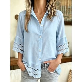 Femmes Chemisier Garniture en dentelle Couleur Unie ancien Élégant Classique Manche 3/4 Col Rabattu Hauts Réguliers Occasionnel Quotidien Bleu Blanche Rose Cla