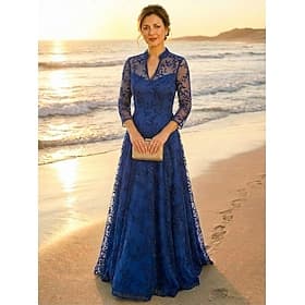 Ligne A Robe Longueur au sol Robe en Dentelle Robe de Soirée Robe de Mère de Mariée manche longue Col haut Élégant ancien Luxueux Formel robe demoiselle d hon