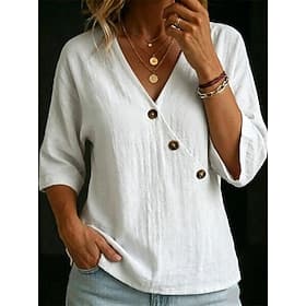 Femmes Chemise Chemisier Boutons Couleur Unie ancien Mode Manche 3/4 Manche Chauve-souris Col en V Hauts Réguliers Occasionnel Zone grise Couleur caramel Blanc