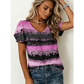 Women's Blouse Print Floral Graphic Vintage Daily Stylish Short Sleeve V Neck Regular Tops Casual Daily Blue Pink Purple Summer Spring