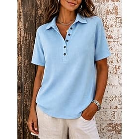 Femmes Tunique Boutons Couleur Unie ancien Élégant Classique Manche Courte Col de chemise Hauts Longs Occasionnel Quotidien Bleu Noir Blanche Rose Claire Rouge