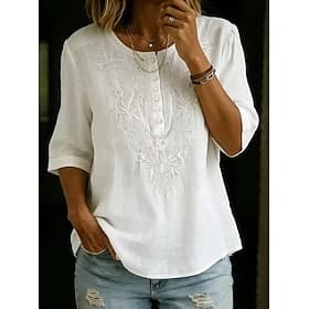 Femmes Chemise Haut à œillets Chemise Bohème Chemise en Dentelle Dentelle Broderie Élégant Bohème Vacances Manche 3/4 Hauts Longs Occasionnel Bleu Blanche Jaun