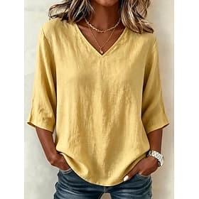 Femmes T-shirt Couleur Unie Mode Occasionnel Demi Manches Col en V Hauts Longs Occasionnel Bleu Noir Blanche Jaune Abricot Été