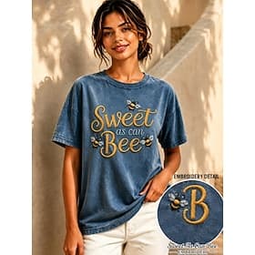 Femmes 100% Coton T-shirt brodé Graphique Lettre ancien Classique Occasionnel Manche Courte Col ras du cou Hauts Réguliers Occasionnel Quotidien Week-end Bleu