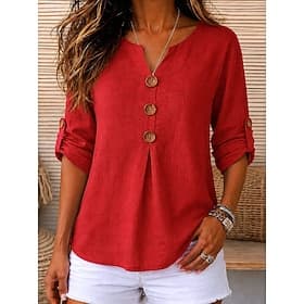 Femmes Chemise en lin Chemisier Couleur Unie ancien Élégant Classique manche longue Henri Collar Hauts Réguliers Occasionnel Quotidien Rouge Été Printemps